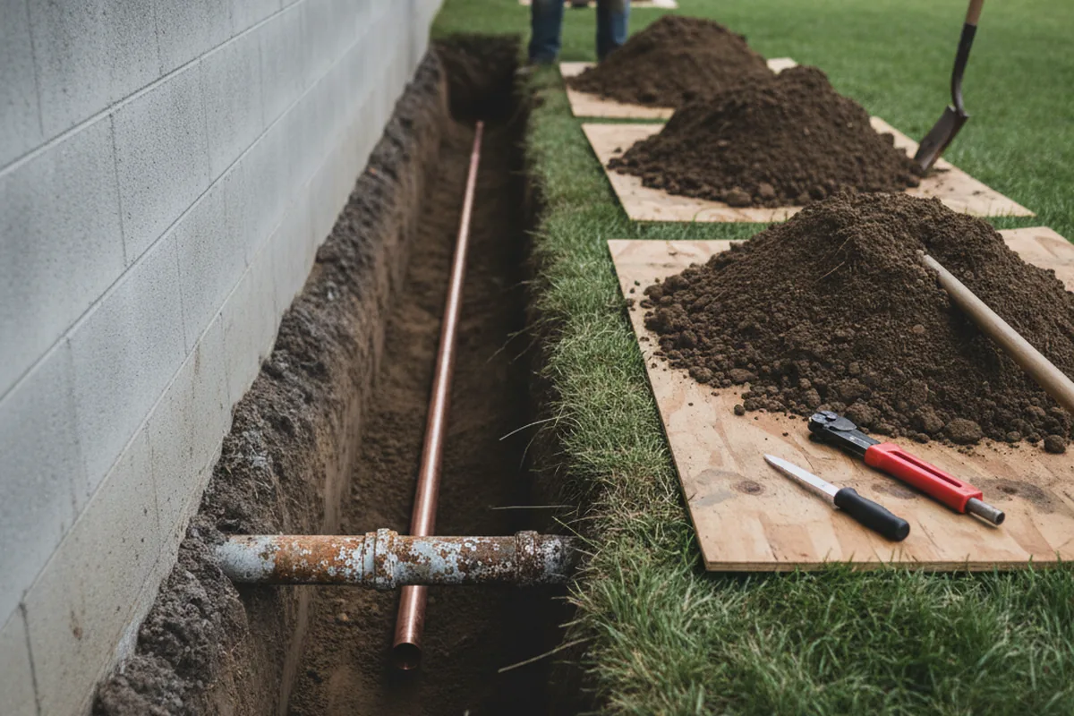 Excavated water line trench during Water Softener Installation in Greenleaf
